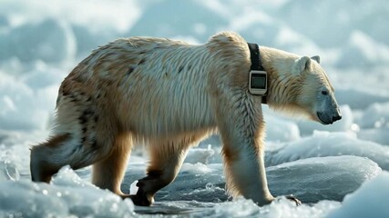 Polar bear equipped with GPS collar explores icy habitat to aid wildlife tracking and conservation efforts