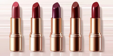 Obraz premium Five Shades of Deep Red and Burgundy Lipstick in Gold Cases