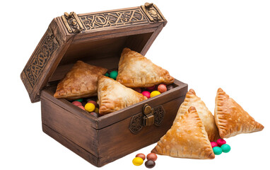 A decorative wooden chest packed with festive hamantaschen cookies and wrapped sweets Isolated on transparent background.
