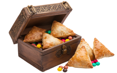 A decorative wooden chest packed with festive hamantaschen cookies and wrapped sweets Isolated on transparent background.