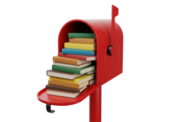 Isolated Red Mailbox Overflowing with Books