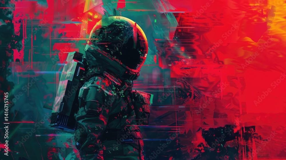 Poster abstract glitch with broken pixel effect in cyber background. astronaut in space suit and colorful p