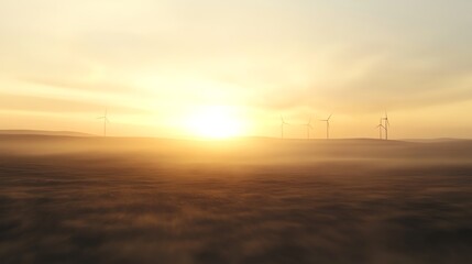Wind Turbine Farm at Sunset Generates Clean Renewable Energy in Misty Landscape