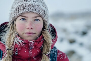 Woman portrait in winter in warm tourist clothes, hat and hair in snow, snowy landscape and copy space. High quality photo