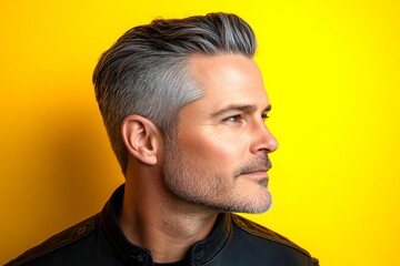 Obraz premium Yellow solid background. Chic men's quiff haircut - midlife white man with grey hair. A midlife gentleman with grace and sophistication. Graphic creative design of style for aging men.