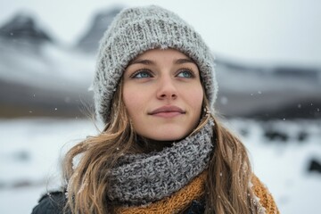 Traveling in the mountains in winter, woman standing among snowy mountains in tourist clothes. 