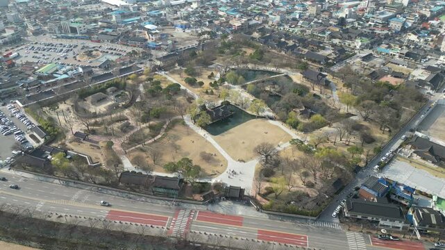 Aerial view of Gwanghanruwon Garden with traditional Korean pavilions and landscaped grounds (Namwon, South Korea ‐ March 2025)