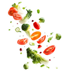 flying vegetables with a bowl isolated on White background