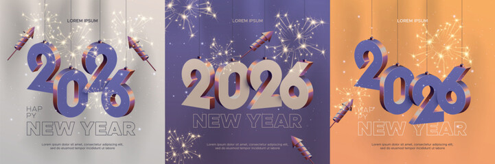 Happy new year 2026 square template with 3D hanging number. Greeting concept for 2026 new year celebration with fireworks