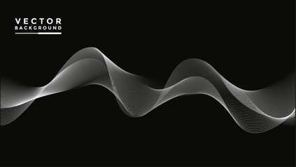 Smooth wavy lines, bright white, gray, black, small wave elements, black background, designed with soft yet elegant textured materials.