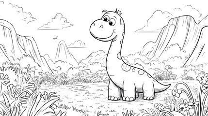Cute Dinosaur Coloring Page in Bold Black and White Line Art Style