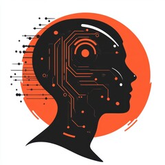 Artificial Intelligence: Silhouette of a Human Head with Circuit Board Pattern Against an Orange Circle