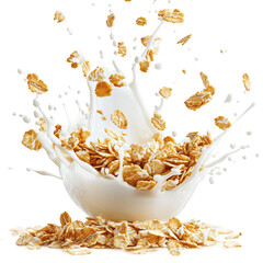 Granola with milk splash isolated on White background