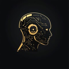 Golden AI Human Head Silhouette with Circuit Board Design on Black Background