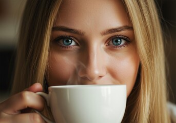 close up of a beautiful woman drinking coffee