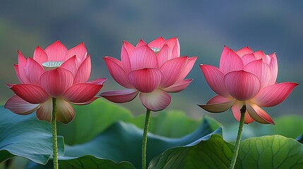 Obraz premium Three vibrant pink lotus blossoms in serene display.