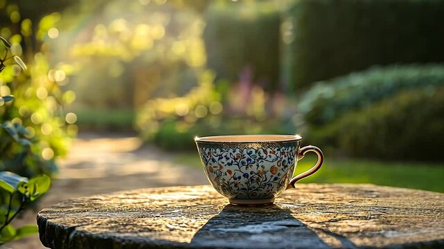 Ornate teacup on stone, sunlit garden backdrop