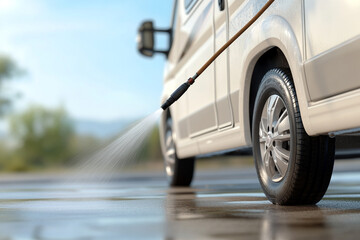 A close-up image showing the process of cleaning an RV with a high-pressure water hose, focusing on the wheel