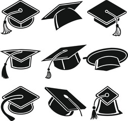 Graduation Cap Icons Set in Black for Education Designs | Minimal Graduation Hat Icons for School and College Projects | Black Graduation Cap Clipart for Academic and Event Use