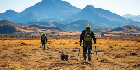 Two men in green uniforms are walking across a field