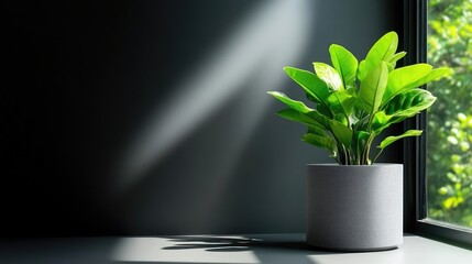 Sunlight illuminating a potted plant by a window
