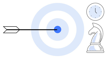 Arrow hitting blue target center, chess knight denoting strategic thinking, and clock symbolizing time management. Ideal for goals, focus, accuracy, efficiency, planning productivity success. Flat