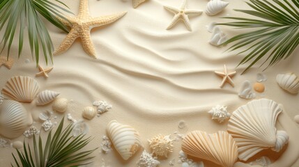 Seashells, starfish, palm leaves on sand; summer beach background; website design