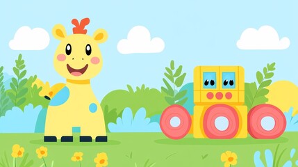 Obraz premium Delightful pixel art depiction of a cheerful giraffe and a vibrant toy train set amid a sunny landscape perfect for childrens illustration