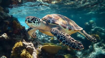 Sea Turtle Swimming Coral Reef Underwater Ocean