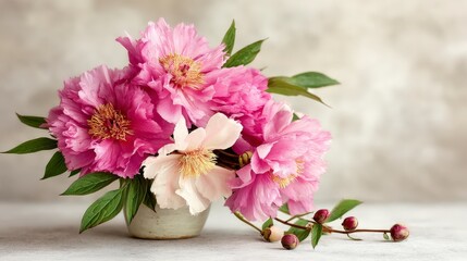 Fototapeta premium Beautiful Pink White Peonies in Vase Floral Arrangement Spring Blooms Home Decor