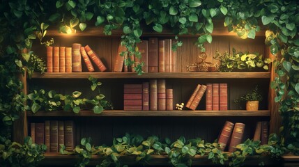 Rustic Wooden Bookshelf with Ivy and Antique Books