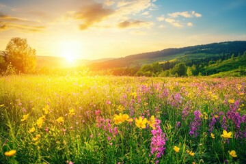 Obraz premium Sunny meadow with wildflowers, rolling hills, and setting sun with golden light