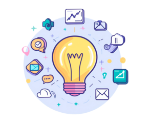 Light bulb surrounded by various business and data analytics icons isolated on transparent background