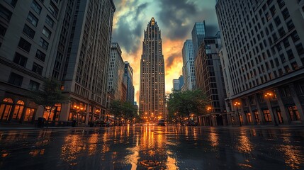 Downtown Cityscape Reflection After Rain with Skyscraper at Sunset