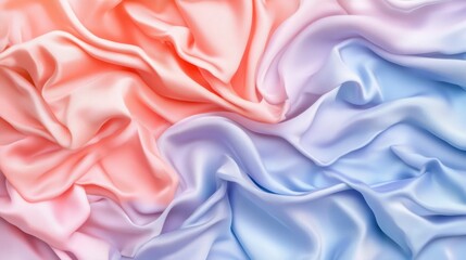 Obraz premium Fabric texture background in soft pastel colors, pink and blue satin draped gently, ideal for fashion, textiles, interior design, or product photography.