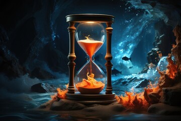 Hourglass with Flowing Sand and Flames in an Underwater Cave