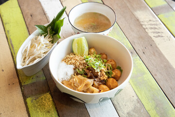 Delicious thai noodle soup local market food photography cozy environment close-up culinary delight