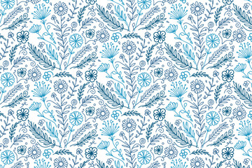 minimalist blue floral seamless pattern with leaf doodles in single line art for kitchen fabric and women wear textile

