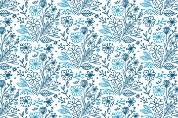 seamless blue rose flower sketch pattern in continuous line art for pillow fabric wrapping and table linens


