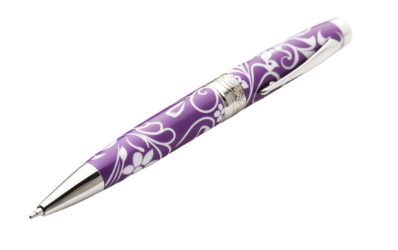 A luxury pen featuring a delicate purple floral motif in honor of women achievements Isolated on transparent background.