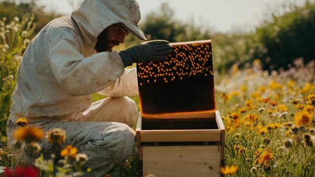 A beekeeper examines a hive in a colorful, flower-filled meadow.