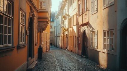 Fototapeta premium Sunlit European alleyway lined with historic buildings.
