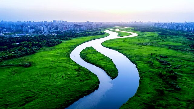A river with a green bank and a city in the background. The river is wide and long, and the city is in the distance