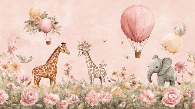 Fototapeta Pastel Giraffes and Elephant with Hot Air Balloons in Floral Field