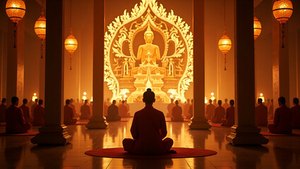 Elegant Vesak Celebration in Temple: Radiant Altars, Authentic Rituals, Buddhist Heritage, Devotion - Perfect for Photo Stock Concept with Left Space