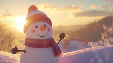 Fototapeta premium Joyful Snowman in Winter Sunset Landscape