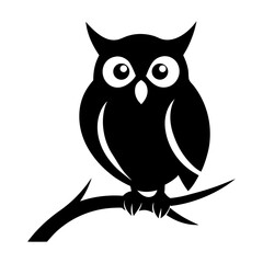 A cute cartoon owl, a wise-eyed bird, sits on a branch in nature, a vector illustration with feathers and a beak, perfect for night-themed art