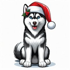 Cute Christmas Santa hat cartoon Siberian Husky dog vector illustration isolated