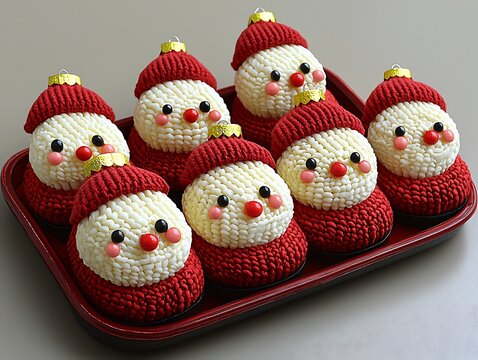 Knitted christmas decorations of jolly santa figures.