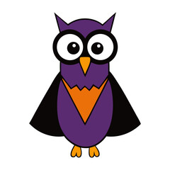 Cute cartoon owl illustration, a wise-eyed bird with colorful feathers, perched on a branch